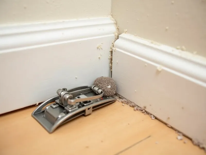 Rat snap trap and steel wool sealing a gap along a baseboard