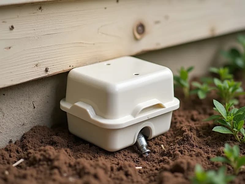 Termite treatment station beside a home foundation